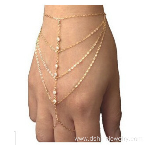 Gold Plated Rhinestone Claw Chain Bracelet Connected Rings